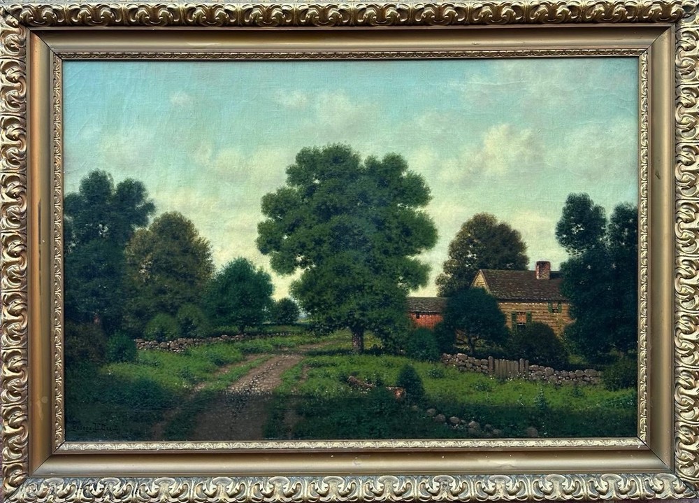 George W Drew ( American 1875-1968) : Farmhouse And Land , Oil On Canvas