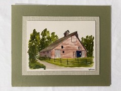 Vintage Watercolor Red Barn Landscape Paola Kansas-KS Matted Ready to Frame