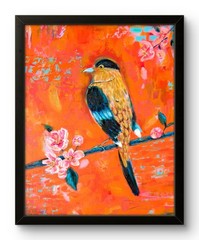 Original Bird Wall Art 11X14 Golden Songbird Painting Coral Floral Branch CP 21