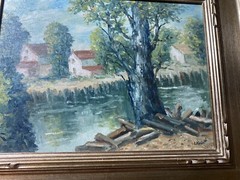 Cesare A. Ricciardi (1892 – 1973) „Canal Landscape With Homes“ Oil Painting