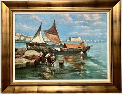 $3600 Original Oil Painting Of Italian Harbor By The Renowned Xavier J. Barile