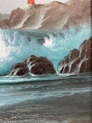 Oil Painting 24×36″ Ocean waves falling under night sky, lighthouse, seagulls