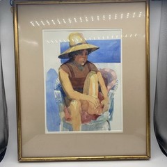 Watercolor Painting Child In Chair Art Signed Original Framed 22 x 19 Vintage