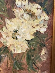 Vtg Yellow Flowers Green Leaves & Orange Oil Painting By Maeen 16×10”