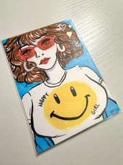 ACEO Artist Trading Card Original Art | Happy Girl Marker Drawing With Sunglasse