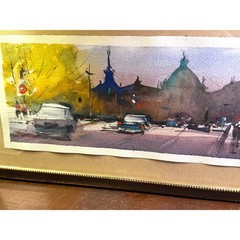 Original Pio Lyons Watercolor City Street Scene – Urban Landscape – Framed