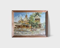 Oil painting Rural church Ukrainian painter Canvas Framed original Cityscape