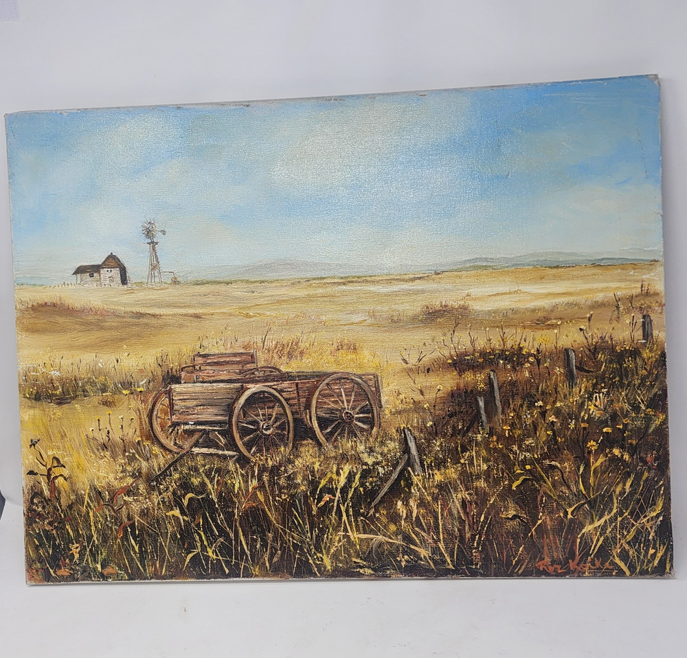 Signed Oil Painting Canvas Rustic Rural Prairie Landscape Weathered Wagon 18×24