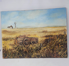 Signed Oil Painting Canvas Rustic Rural Prairie Landscape Weathered Wagon 18×24
