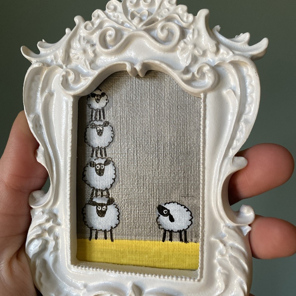 Funny Sheep Original Painting On Paper,4/5,framed,miniature,small,mini,cute