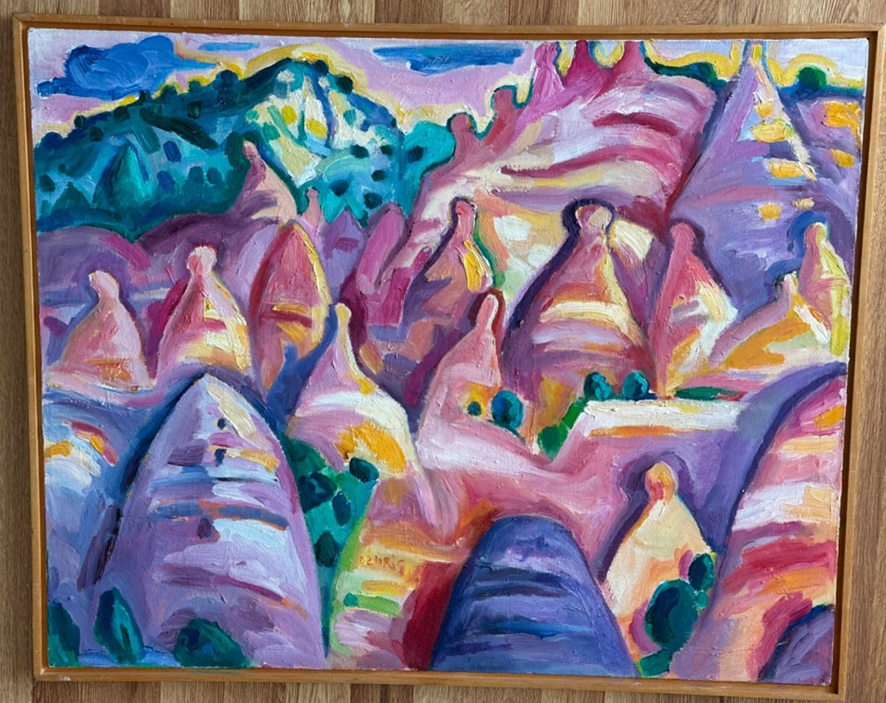 BEAUTIFUL „TENT ROCKS AT SUNSET“ PAINTING ON CANVAS SIGNED FRAMED 25″ X 31″