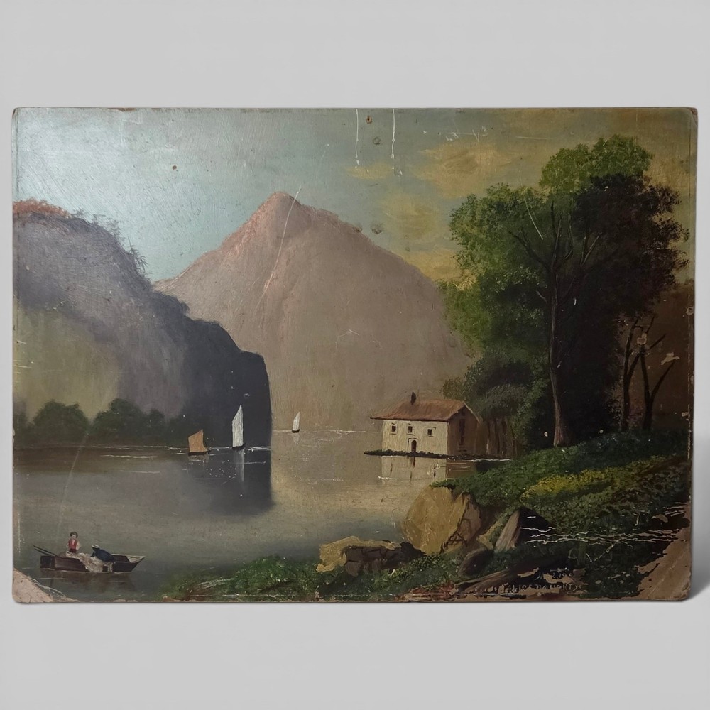 Antique 1880s Victorian Eastlake Oil Painting Alpine Lake Landscape Folk Art