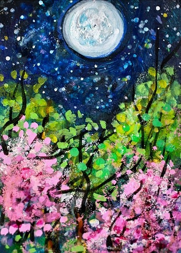 ACEO Original PAINTING Spring TREES Night Moon Flower Nature Landscape ATC ART