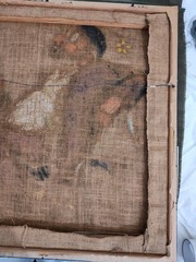 Signed Nancy M. Kurt Satiracal Clown Folk Art Painting Burlap Folk Art 32 X 36″