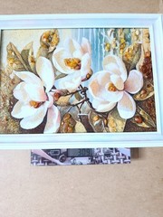 Amber Painting Magnolia Blossom Natural Stones Handmade Art 25*34 cm