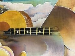 American 20th C, Vintage Batik Painting, Cubist Still Life Guitar Landscape