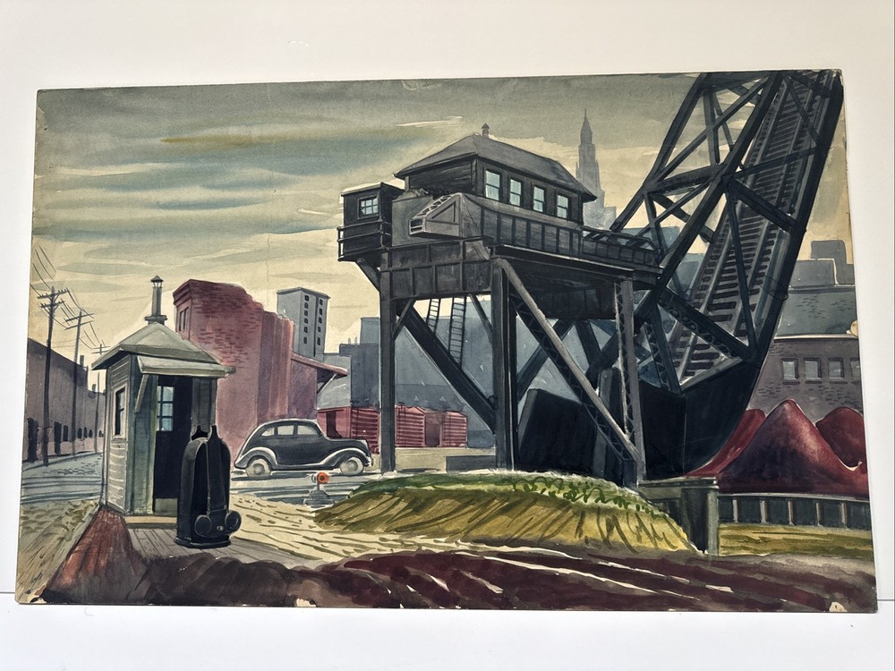 Antique Wpa Painting Cityscape American Street Car Urban Regionalism Industrial
