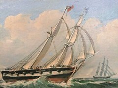 Robert Sanders Oil Painting of Two Masted British Warship Canvas Wood Frame