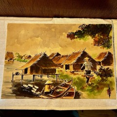 Vintage Vietnamese Watercolor Painting – Signed Asian Village River Landscape