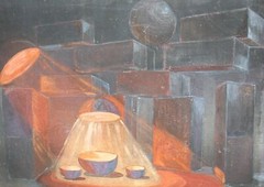 Gouache painting cubist abstract composition interior design