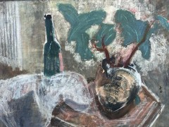 Old Still Life Glass Wine Bottle Plant Oil Painting Signed by Mary Bayne Bugbird