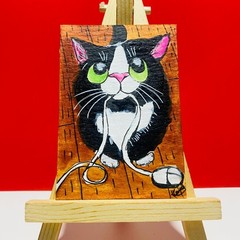 ACEO Tuxedo Cat Playing with Computer Mouse Original Acrylic painting Mini New