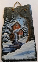Oil Painting On Blue Slate Signed V. Zimmerman Winter Scene Wheel House 12″x6.5″