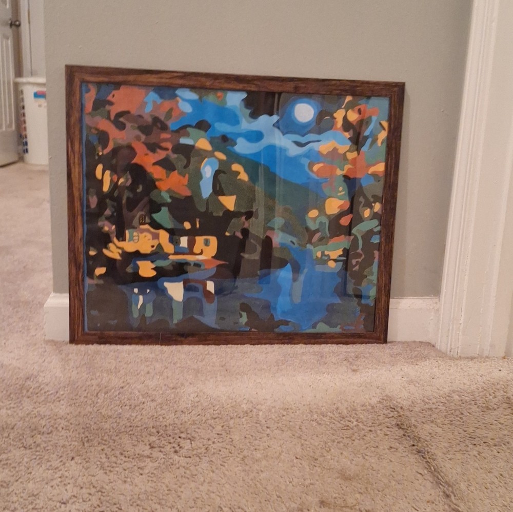Modern Abstract Framed Landscape Painting Moon Trees Nature Single Piece