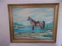 LARGE Vintage Southwest Horse Painting Western Saddle 35 x29 Gold Wood Frame