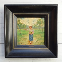Mid Century Charles Nicoise Oil Painting on Porcelain Tile Woman in Meadow 9.5