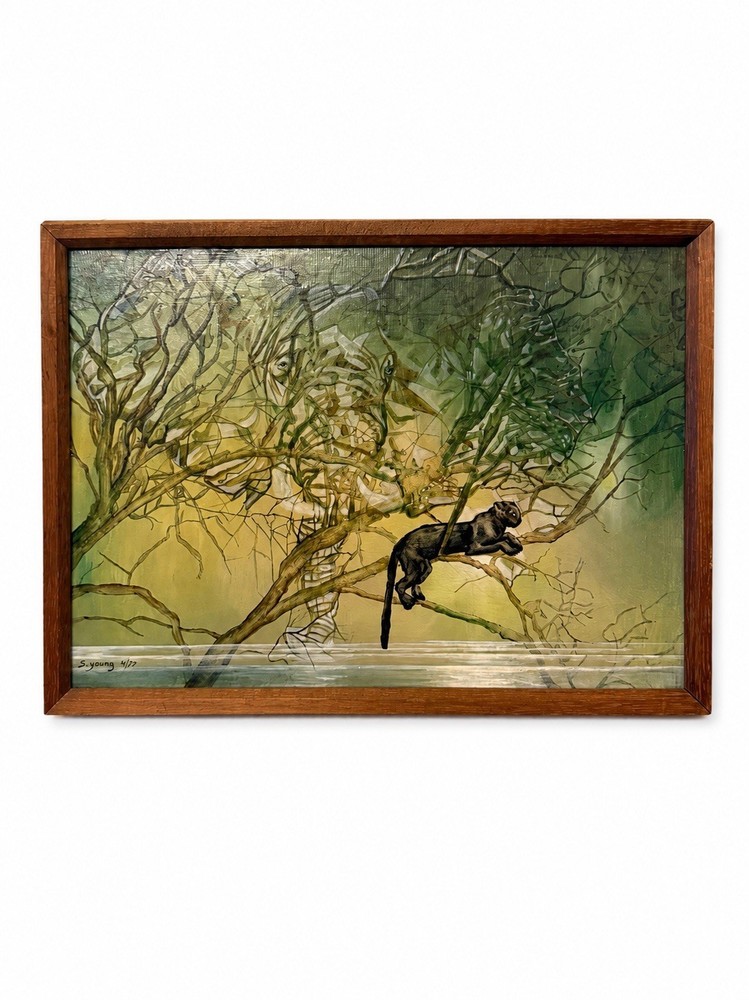 Vintage 1977 Signed Surrealist Painting by S. Young – Original mixed media