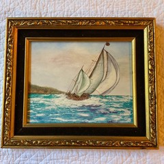 Sail boat ship Painting seascape hand painted original 1970s Americana art