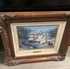 Thomas Kincade Signed #/1960 Hand Highlighted on Canvas MOONLIGHT SLEIGH RIDE