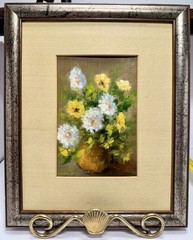 VTG Floral Oil Painting Canvas Framed Signed 70s Yellow White Flowers 9×11” Boho