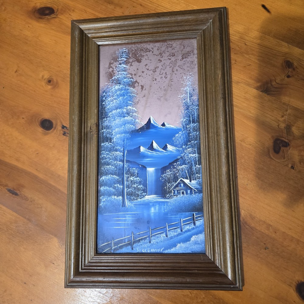 Vintage Painted Mirror Blue Moutains Cabin Trees Outdoorsy Forrest Frame *Flaws