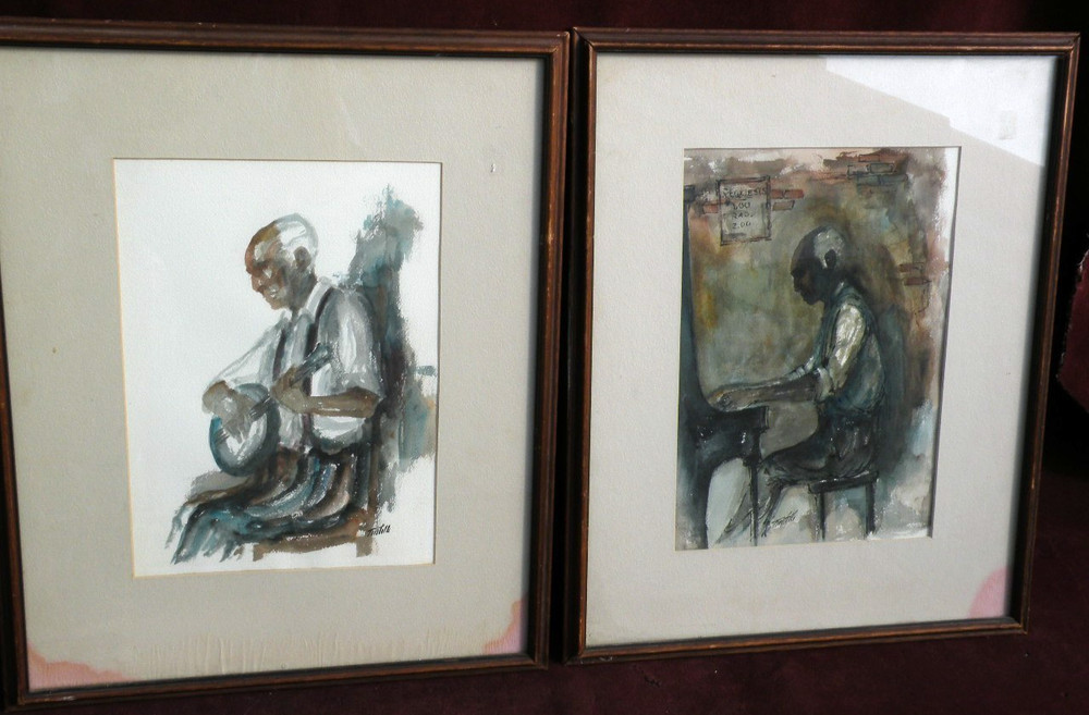 New Orleans Louisiana art PAIR watercolor paintings French Quarter musicians