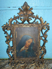 Antique Italian 18th Century Oil on Wood Panel Madonna w/ Metal Frame