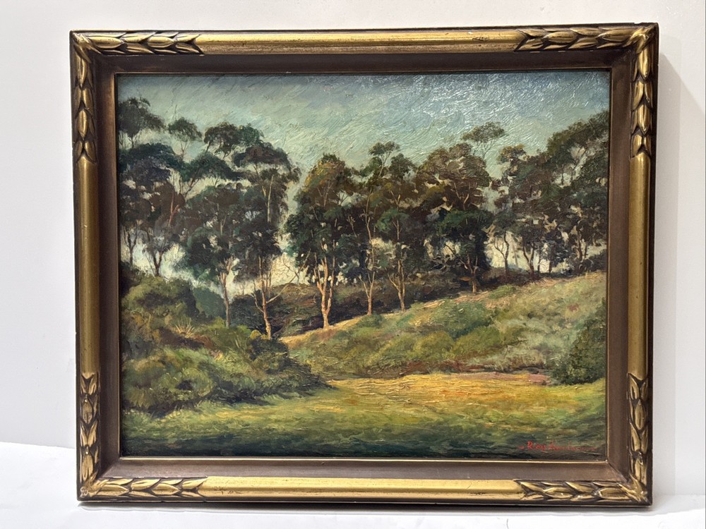 ANTIQUE CALIFORNIA LANDSCAPE PAINTING ROY HARRISON EUCALYPTUS WILL ROGERS PARK
