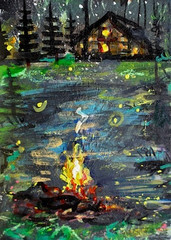 ACEO Original PAINTING Summer CABIN Camping Fire Night Stars Landscape ATC ART