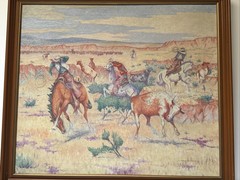 Antique Painting Cowboy Western Wrangler Cow Horse Large 1930’s Landscape Frese