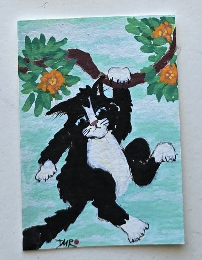 Original ACEO Black Cat Tree Miniature Pet Dulce Maria Rico“MICKEY IN TROUBLE“