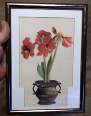 Old Vintage Watercolor Painting Red Asian Lily Lilies Flowers Floral Signed Art