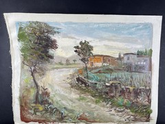 Di Rosa Italian Oil Canvas Rural Street Scene With Trees & Houses 1970s