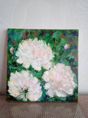 peonies original oil painting, white peonies wall art, square flower painting