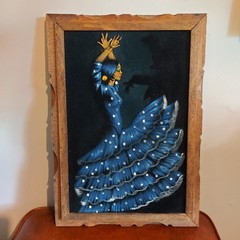 Vintage Mexican Black Velvet Painting Flamenco Dancer Blue Dress Carved Frame
