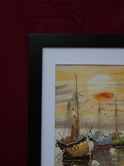 Japanese Nautical Oil Painting, With Rising Sun, Traditional Fishing Boats. Mint