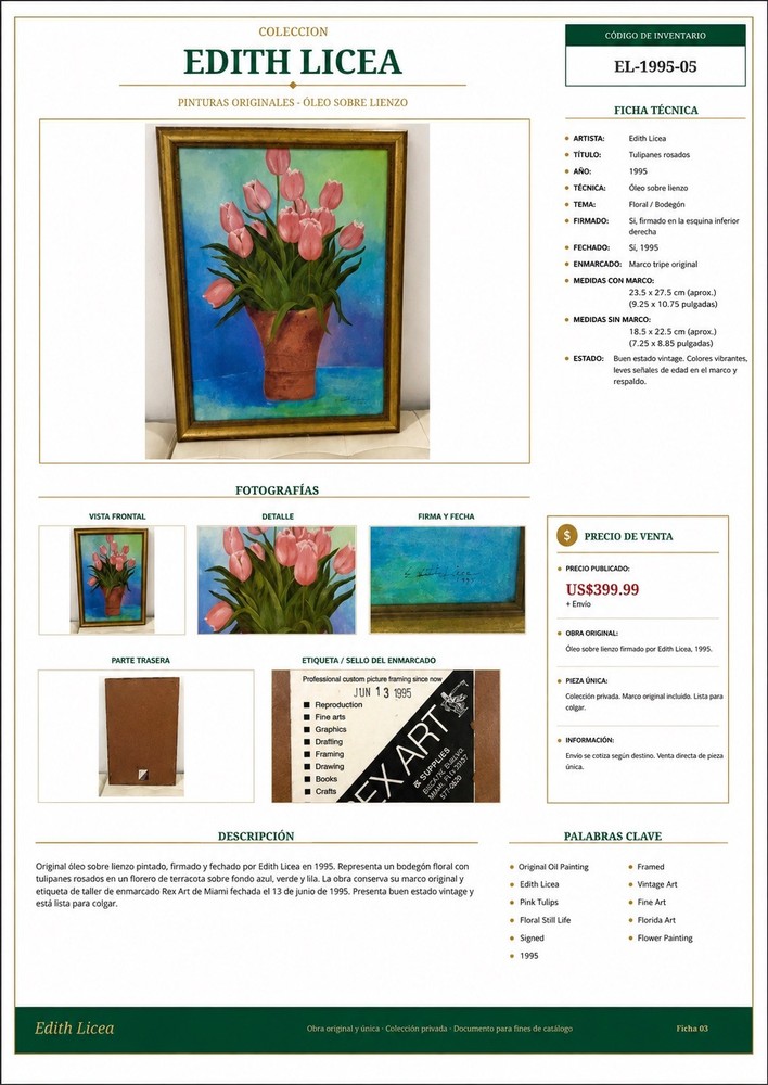 Original Edith Licea Oil Painting 1995 Pink Tulips Floral Framed Signed 21×27