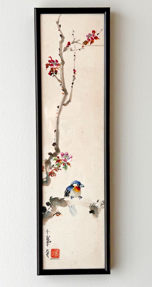 John HRABUSHI Signed Original Zen WATERCOLOR Painting Bluebird Plum Blossoms