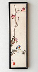John HRABUSHI Signed Original Zen WATERCOLOR Painting Bluebird Plum Blossoms