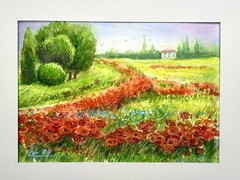 Original Watercolor Painting Landscape poppy field Provence farm red flowers A4
